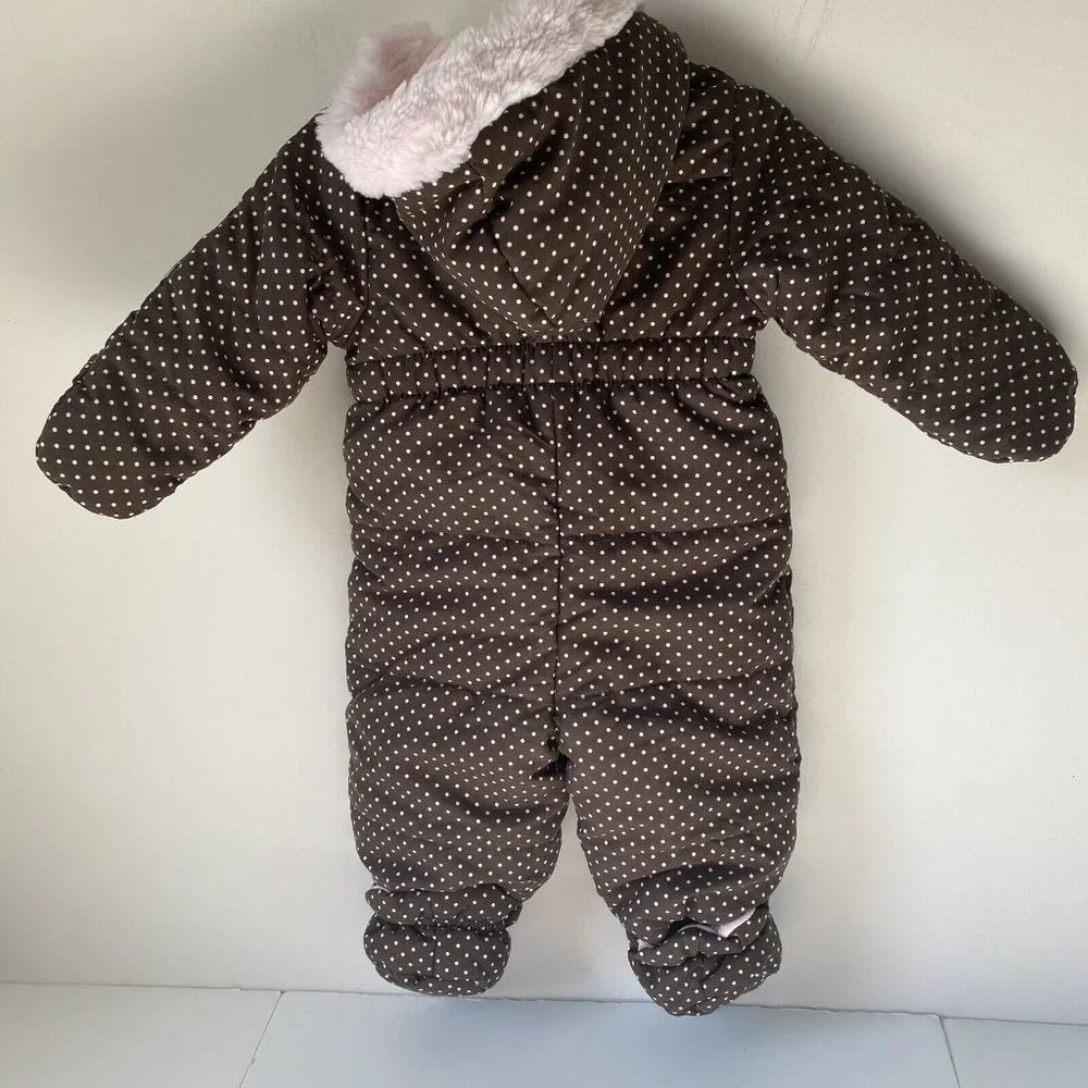First Impressions‎ one piece polka dot snowsuit hooded fauxfur pink/brown 6-9m
